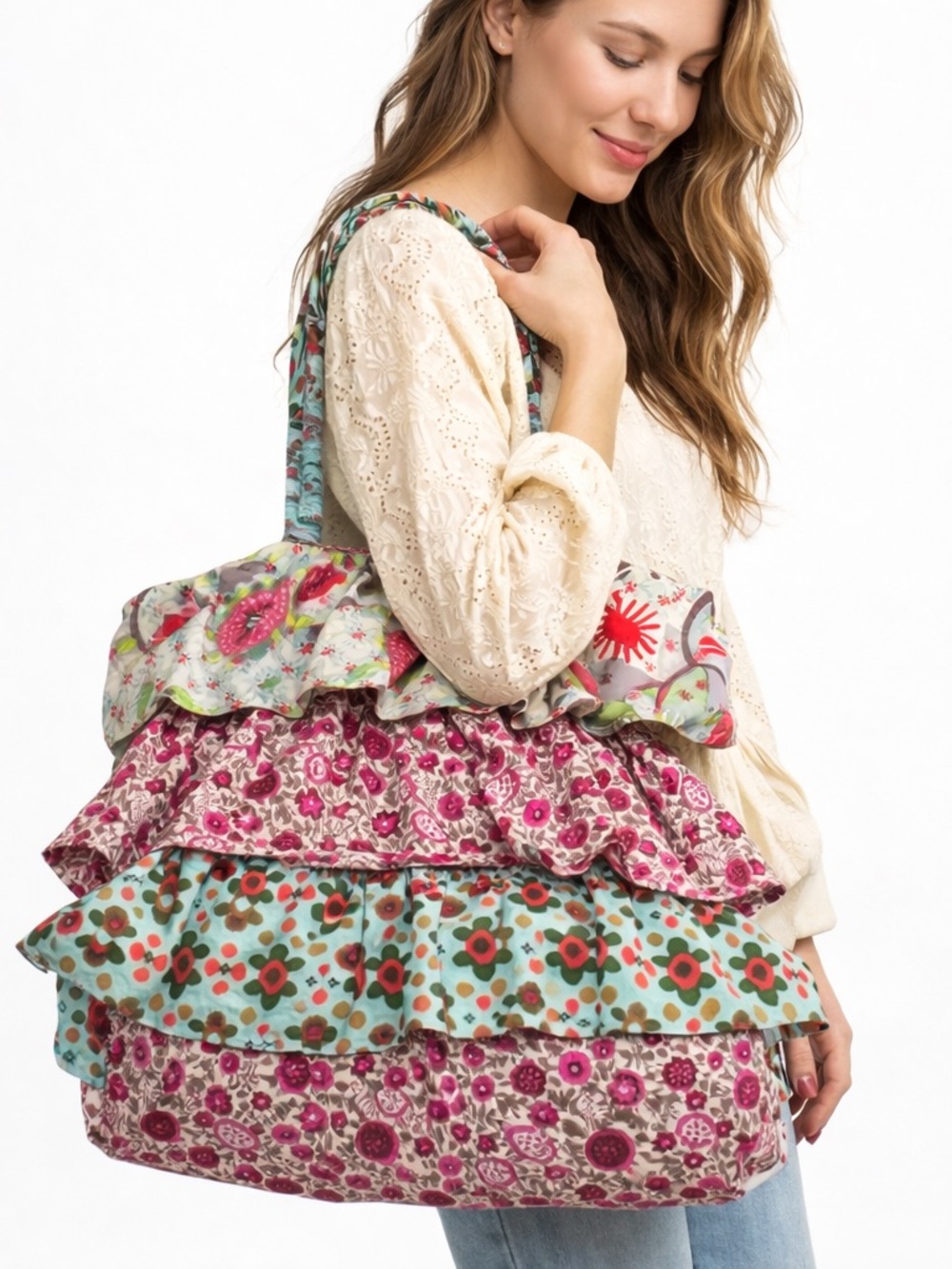 FUNKTION White Label‎ Patchwork Ruffle Tote Bag Floral Boho Cotton Shoulder Bag